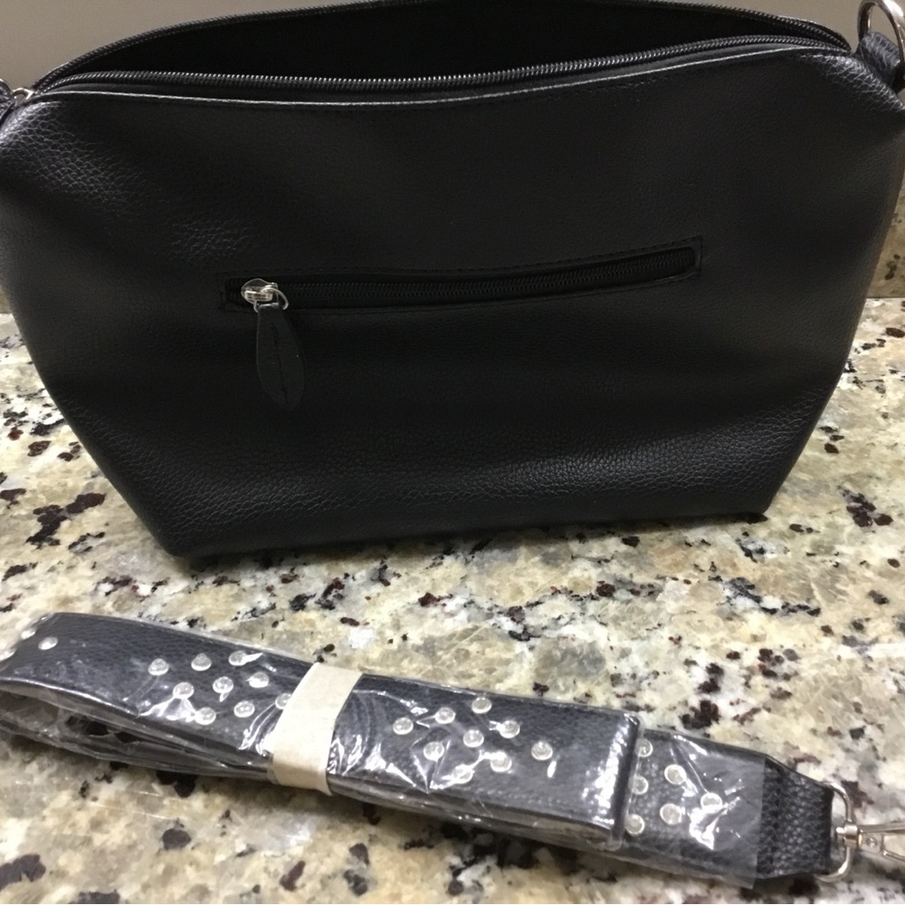 Crossbody Black Pleather Leather NEW Handbag Rhinestone Studded Removable Belt